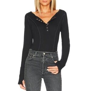 NEW Free People Sloane Black Long Sleeve Henley Bodysuit | Size Small